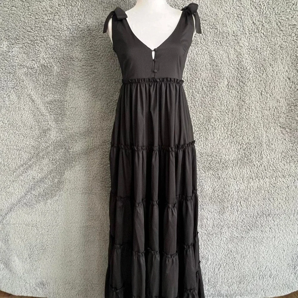 Black tiered, maxi dress tie straps dark cottage, core romantic size 4